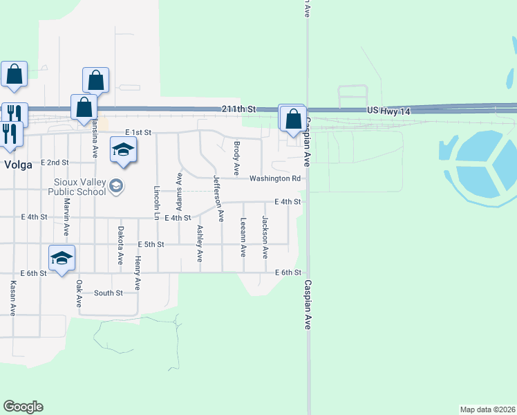 map of restaurants, bars, coffee shops, grocery stores, and more near 1004 East 4th Street in Volga