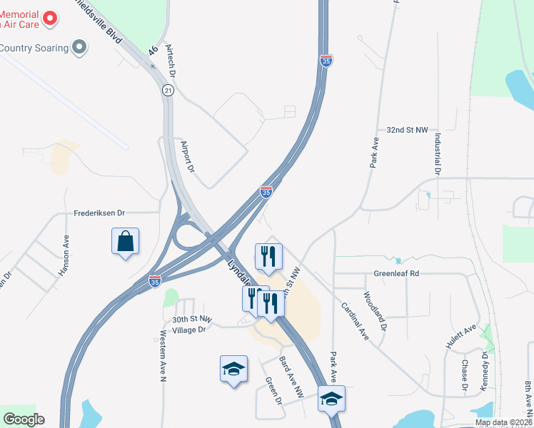 map of restaurants, bars, coffee shops, grocery stores, and more near 1910 Cardinal Lane in Faribault