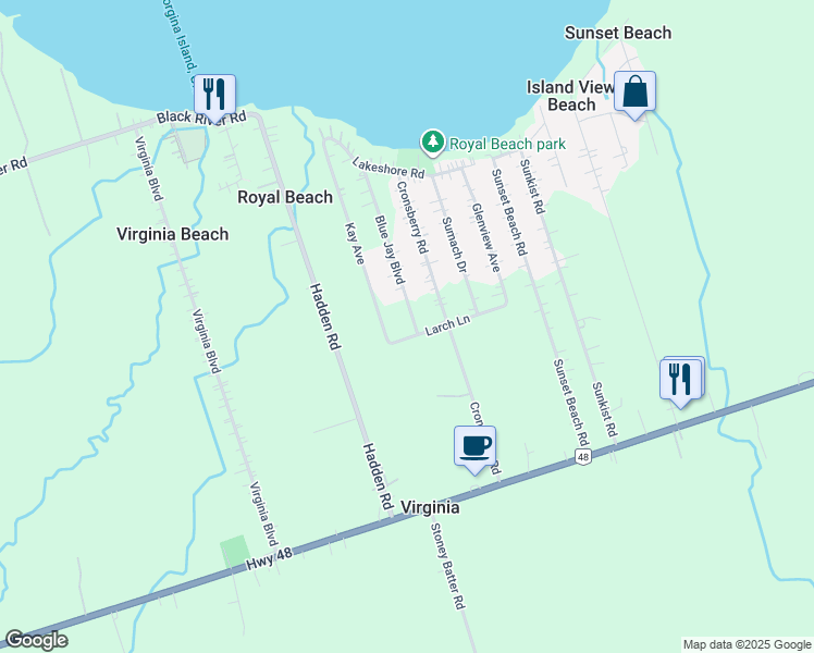 map of restaurants, bars, coffee shops, grocery stores, and more near 6 Blue Jay Boulevard in Georgina