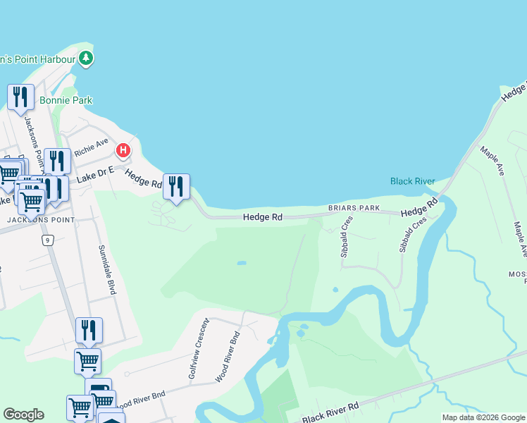 map of restaurants, bars, coffee shops, grocery stores, and more near 104 Hedge Road in Georgina