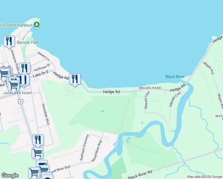 map of restaurants, bars, coffee shops, grocery stores, and more near 110 Hedge Road in Georgina