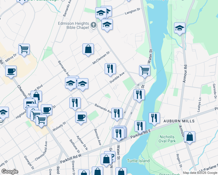 map of restaurants, bars, coffee shops, grocery stores, and more near 805 Argyle Street in Peterborough