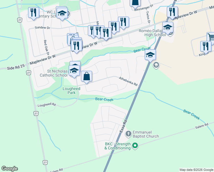 map of restaurants, bars, coffee shops, grocery stores, and more near Whitehorn Crescent in Barrie