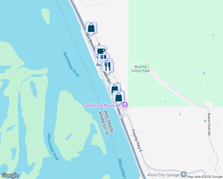 map of restaurants, bars, coffee shops, grocery stores, and more near 301 South Main Street in Alma