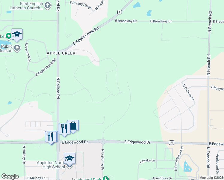 map of restaurants, bars, coffee shops, grocery stores, and more near 2198 East Ridgehaven Lane in Appleton