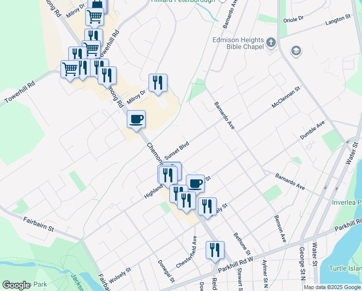 map of restaurants, bars, coffee shops, grocery stores, and more near in Peterborough
