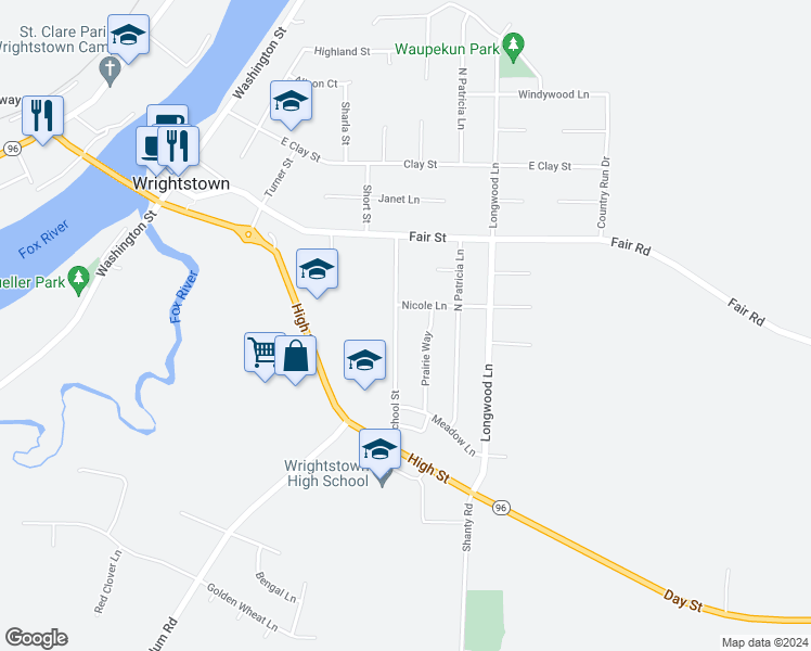 map of restaurants, bars, coffee shops, grocery stores, and more near 410 Prairie Way in Wrightstown