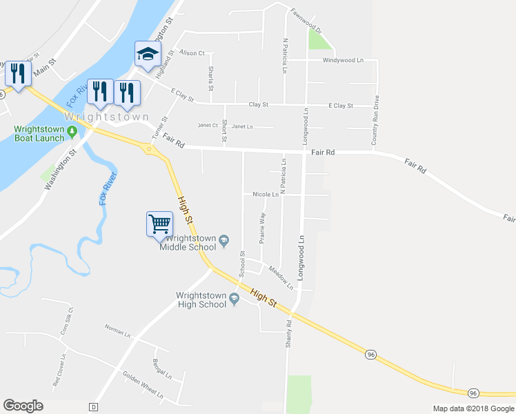 map of restaurants, bars, coffee shops, grocery stores, and more near 410 Prairie Way in Wrightstown