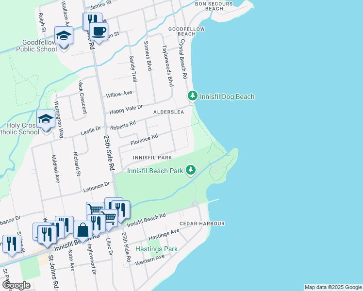 map of restaurants, bars, coffee shops, grocery stores, and more near 684 Park Road in Innisfil