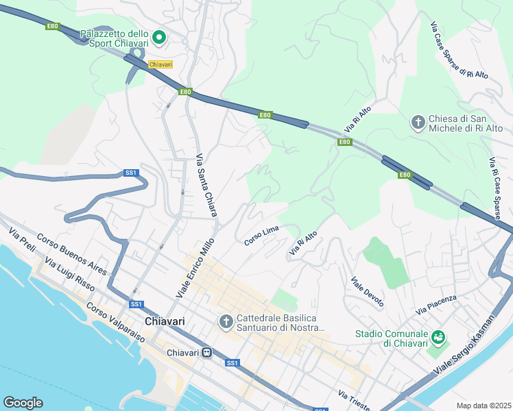 map of restaurants, bars, coffee shops, grocery stores, and more near 1 Via Ri Alto in Chiavari