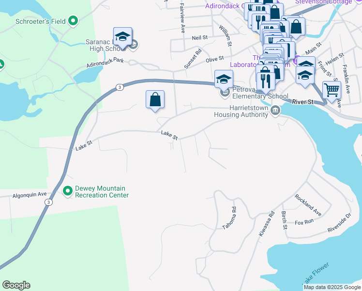 map of restaurants, bars, coffee shops, grocery stores, and more near 12 Jenkins Street in Saranac Lake
