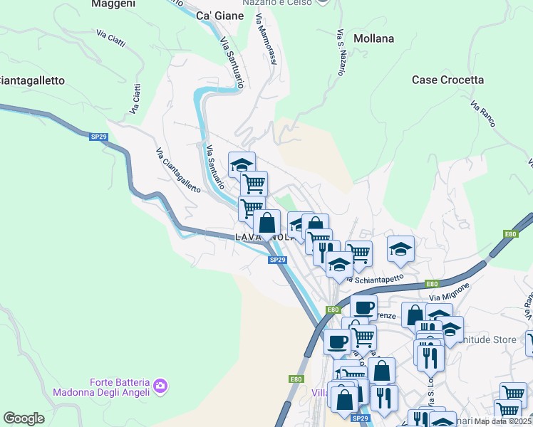 map of restaurants, bars, coffee shops, grocery stores, and more near 18 Piazza Lavagnola in Savona