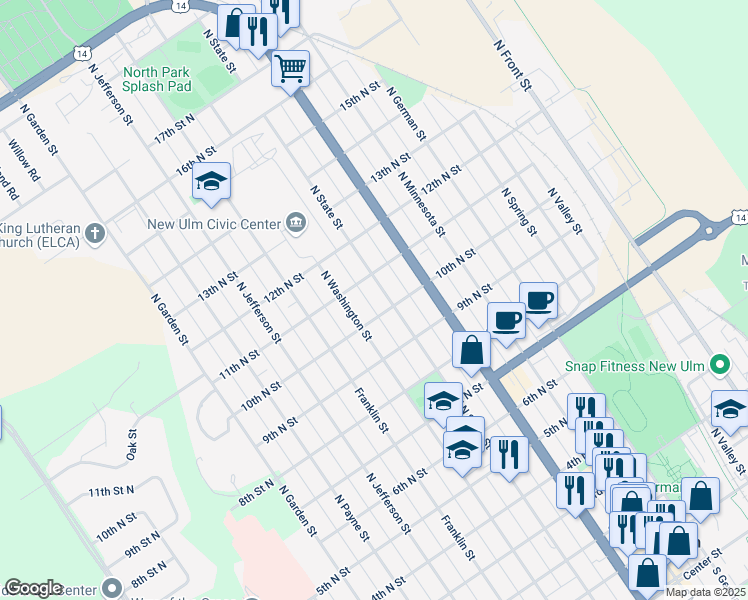 map of restaurants, bars, coffee shops, grocery stores, and more near 1013 N State St in New Ulm