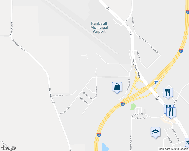 map of restaurants, bars, coffee shops, grocery stores, and more near 2900 Hanson Court in Faribault