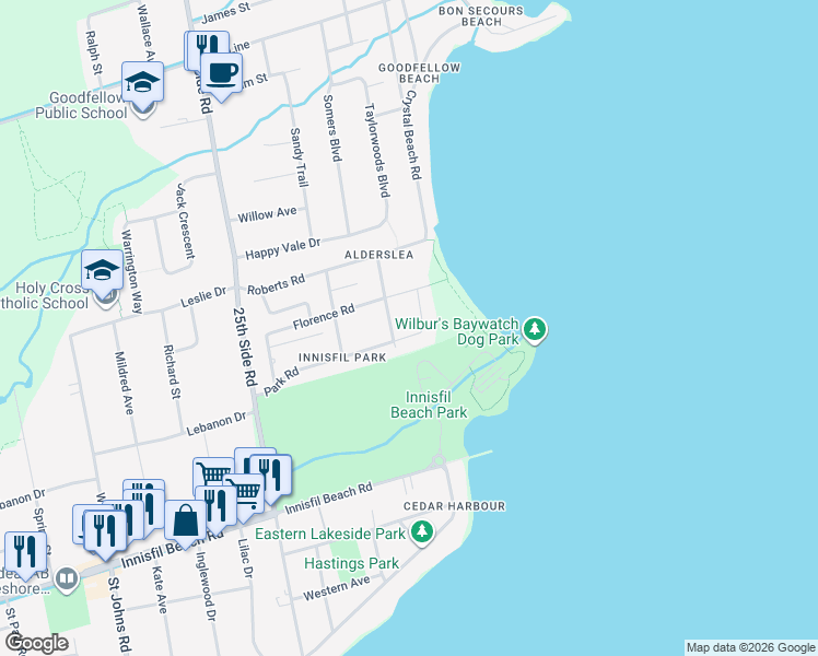 map of restaurants, bars, coffee shops, grocery stores, and more near 684 Park Road in Innisfil
