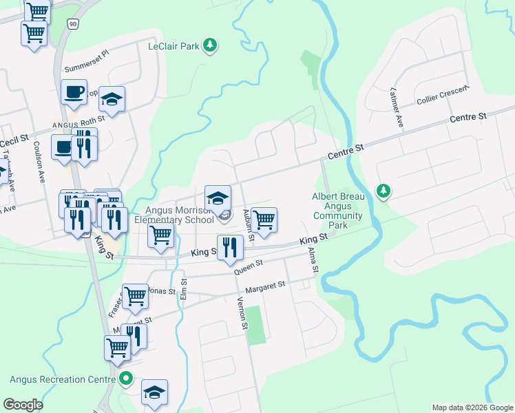 map of restaurants, bars, coffee shops, grocery stores, and more near 124 Sydenham Street in Angus
