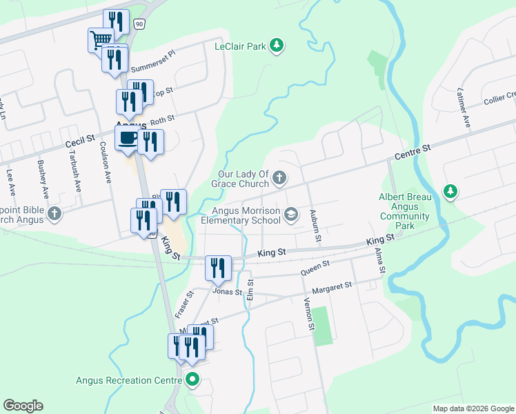 map of restaurants, bars, coffee shops, grocery stores, and more near 8 Centre Street in Angus