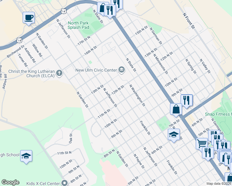 map of restaurants, bars, coffee shops, grocery stores, and more near 901 12th Street North in New Ulm