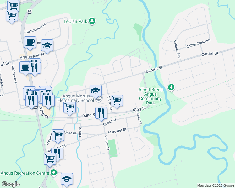 map of restaurants, bars, coffee shops, grocery stores, and more near 124 Sydenham Street in Angus