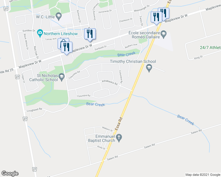 map of restaurants, bars, coffee shops, grocery stores, and more near 11 Whitehorn Crescent in Barrie