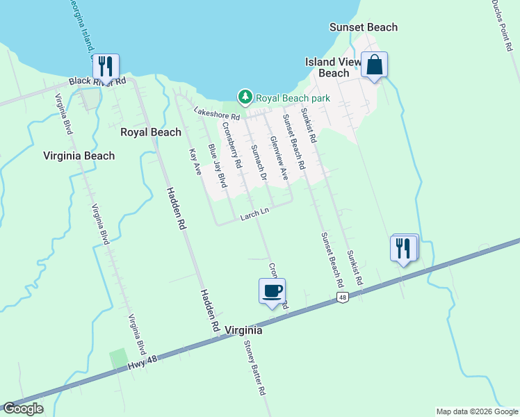 map of restaurants, bars, coffee shops, grocery stores, and more near 32 Larch Lane in Georgina