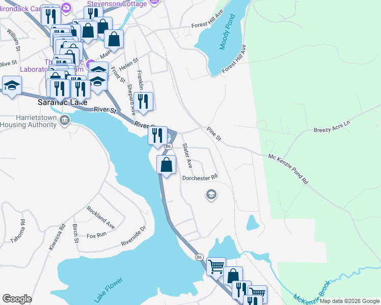 map of restaurants, bars, coffee shops, grocery stores, and more near 44 Slater Ave in Saranac Lake