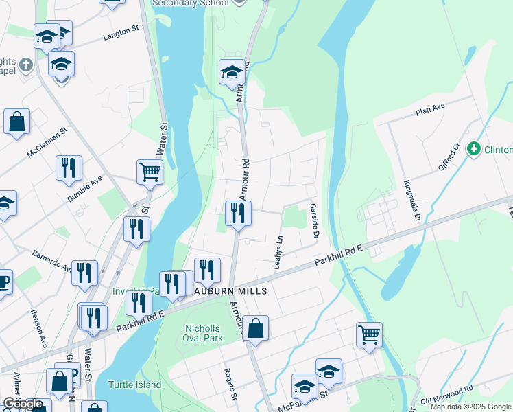 map of restaurants, bars, coffee shops, grocery stores, and more near in Peterborough