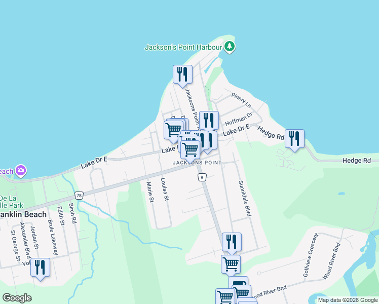 map of restaurants, bars, coffee shops, grocery stores, and more near 21096 Dalton Road in Georgina