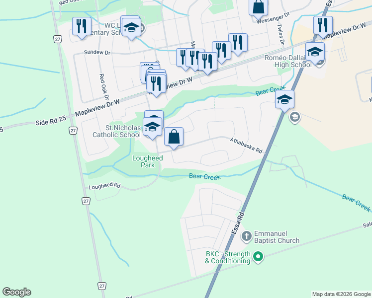 map of restaurants, bars, coffee shops, grocery stores, and more near 211 Columbia Road in Barrie