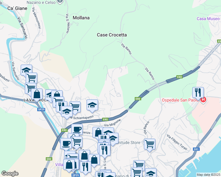 map of restaurants, bars, coffee shops, grocery stores, and more near 22 Via San Lorenzo in Savona