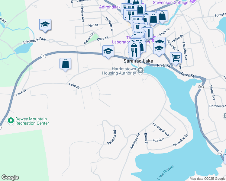 map of restaurants, bars, coffee shops, grocery stores, and more near 21 View Street in Saranac Lake