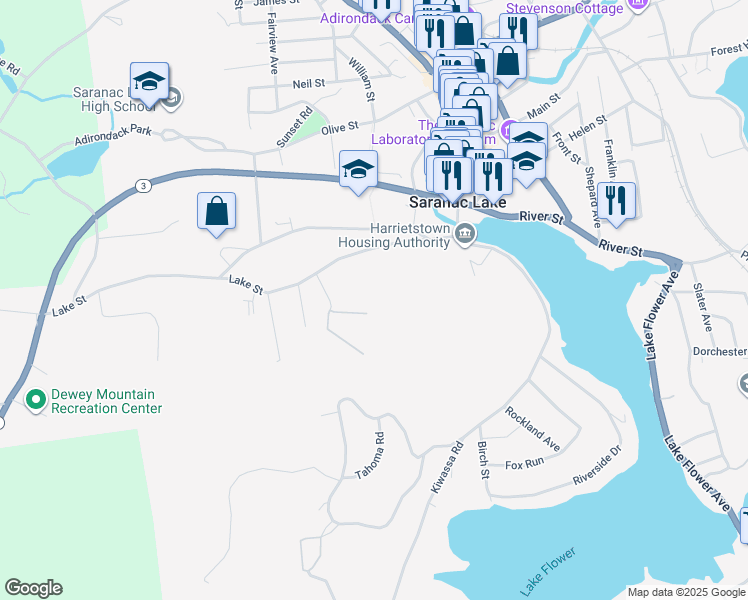 map of restaurants, bars, coffee shops, grocery stores, and more near 21 View Street in Saranac Lake