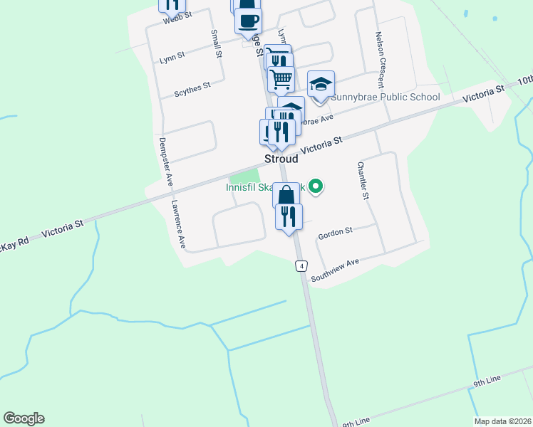 map of restaurants, bars, coffee shops, grocery stores, and more near 2220 Richardson Street in Innisfil