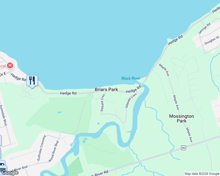 map of restaurants, bars, coffee shops, grocery stores, and more near 176 Hedge Road in Georgina