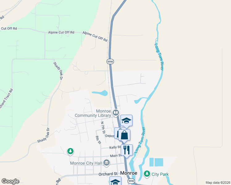 map of restaurants, bars, coffee shops, grocery stores, and more near Oak Street in Monroe