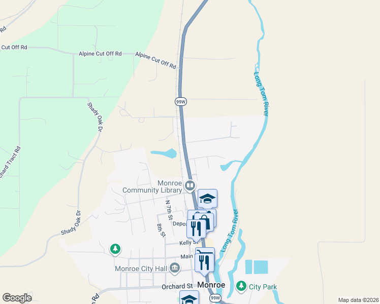 map of restaurants, bars, coffee shops, grocery stores, and more near 440 Oak Street in Monroe