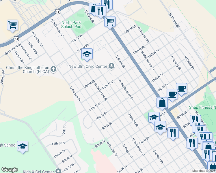 map of restaurants, bars, coffee shops, grocery stores, and more near 901 12th Street North in New Ulm