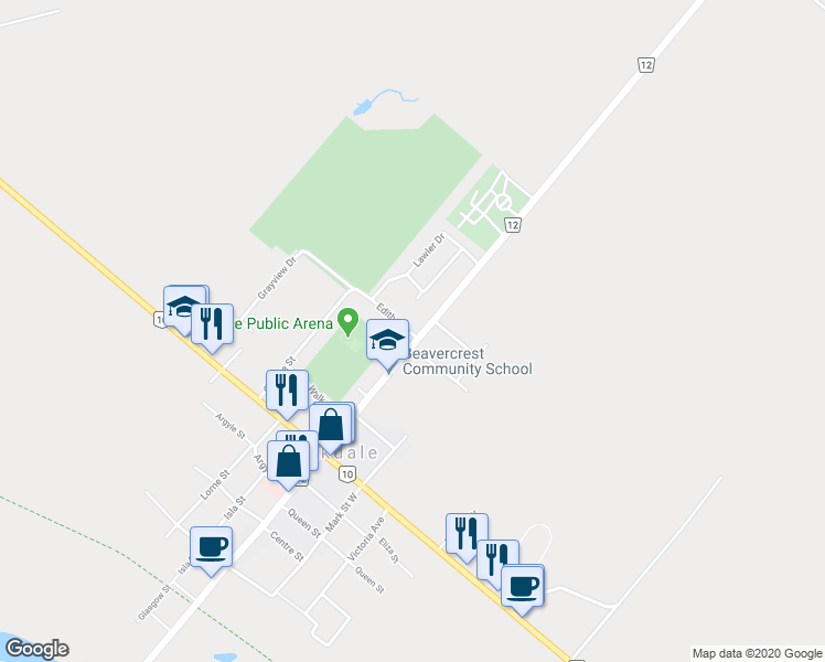 map of restaurants, bars, coffee shops, grocery stores, and more near 162 Main Street East in Markdale