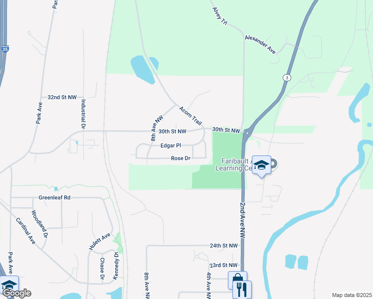 map of restaurants, bars, coffee shops, grocery stores, and more near 507 Edgar Place in Faribault
