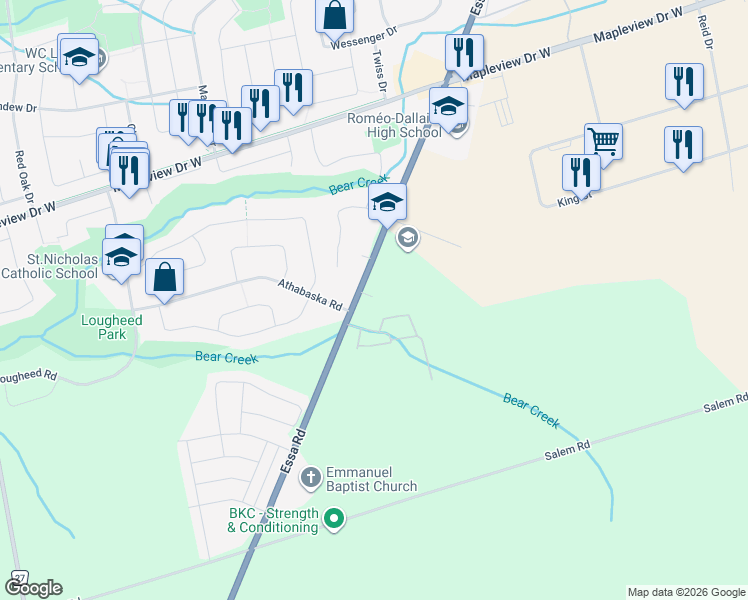 map of restaurants, bars, coffee shops, grocery stores, and more near 780 Essa Road in Barrie