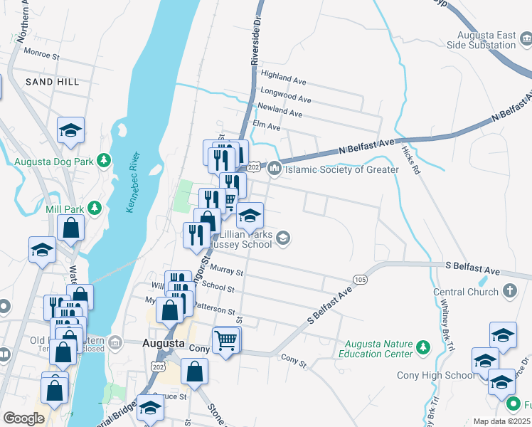 map of restaurants, bars, coffee shops, grocery stores, and more near 23 Fowler Street in Augusta