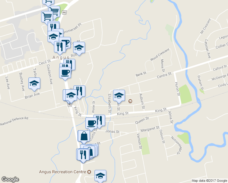map of restaurants, bars, coffee shops, grocery stores, and more near 8 Centre Street in Angus