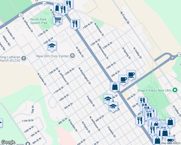 map of restaurants, bars, coffee shops, grocery stores, and more near 1013 North State Street in New Ulm
