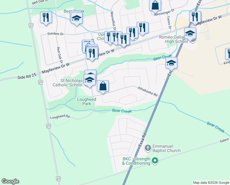 map of restaurants, bars, coffee shops, grocery stores, and more near 47 Athabaska Road in Barrie