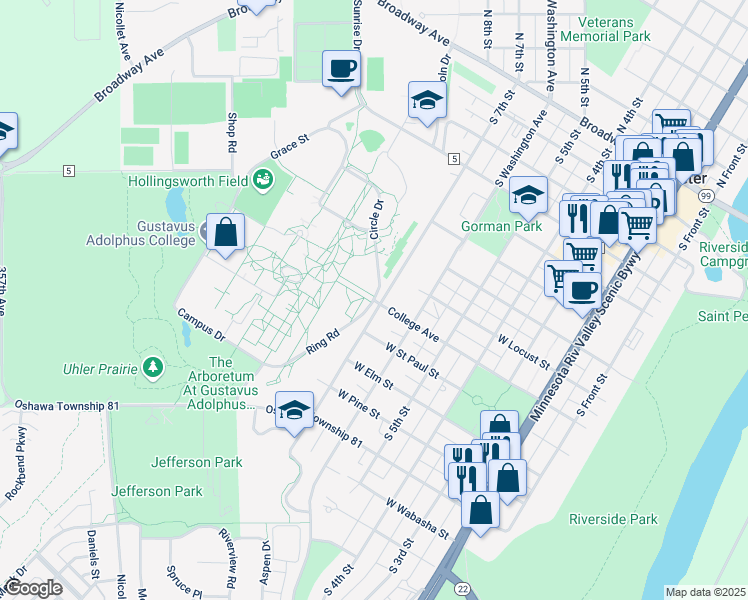 map of restaurants, bars, coffee shops, grocery stores, and more near 800 West College Avenue in Saint Peter