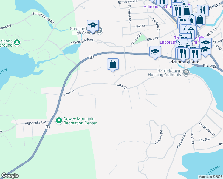 map of restaurants, bars, coffee shops, grocery stores, and more near 225 Lake Street in Saranac Lake