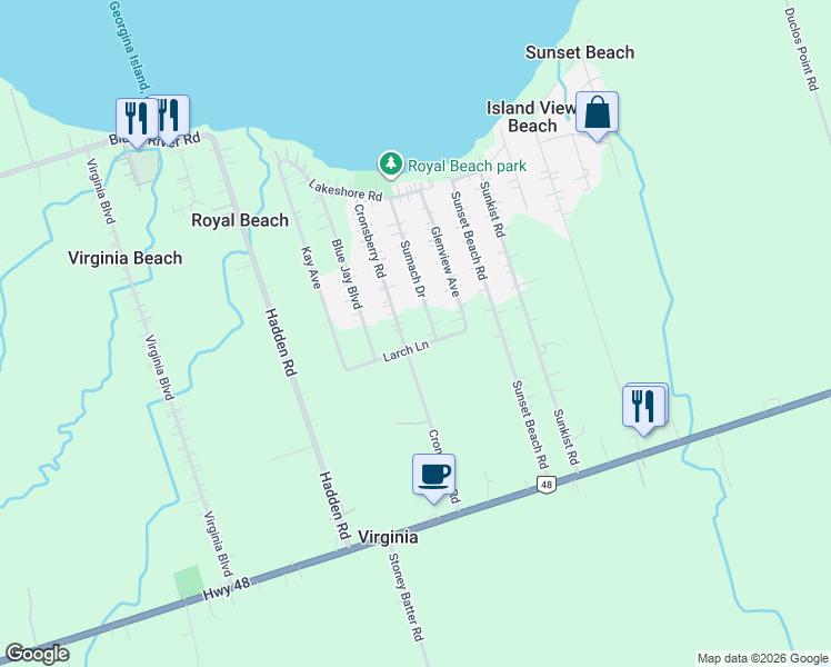map of restaurants, bars, coffee shops, grocery stores, and more near 77 Cronsberry Road in Georgina