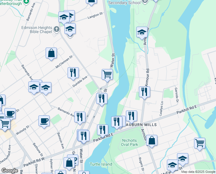 map of restaurants, bars, coffee shops, grocery stores, and more near 902 Water Street in Peterborough