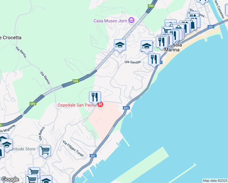 map of restaurants, bars, coffee shops, grocery stores, and more near 5 Via Privata Olivetta in Savona