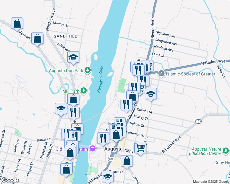 map of restaurants, bars, coffee shops, grocery stores, and more near Maple St in Augusta
